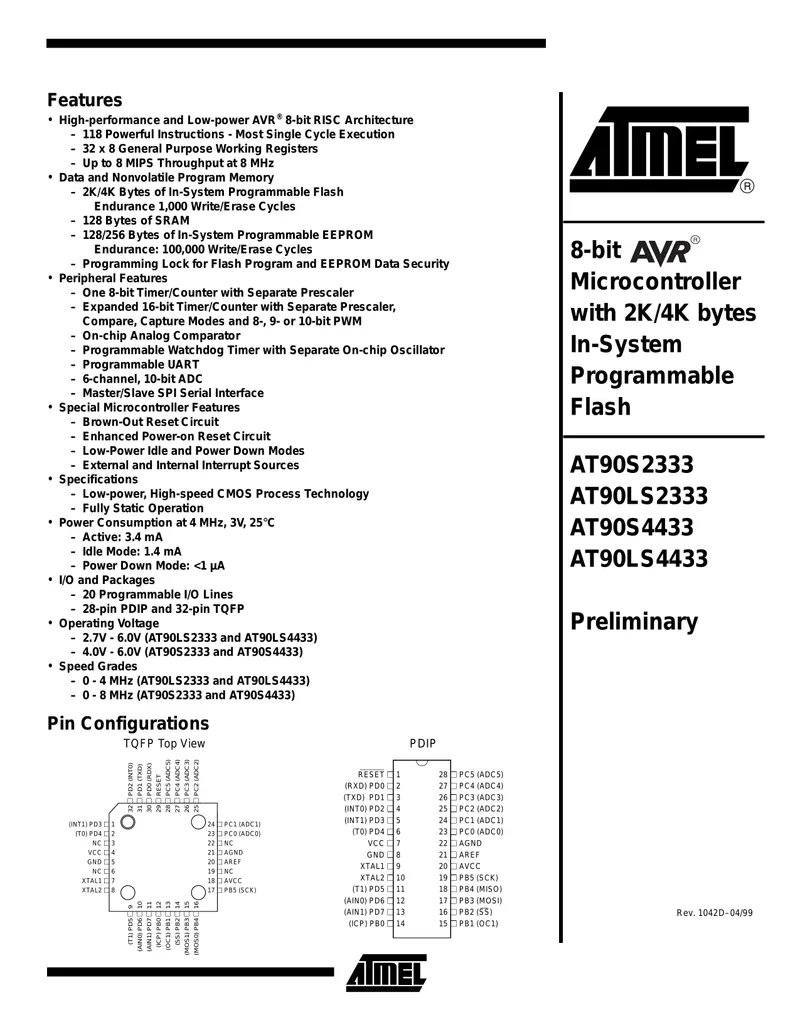 AT90S2333/4433 8-bit Microcontroller with 2K/4K bytes In-System Programmable Flash